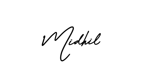 The best way (AmerikaSignatureDemo-Regular) to make a short signature is to pick only two or three words in your name. The name Midhil include a total of six letters. For converting this name. Midhil signature style 3 images and pictures png