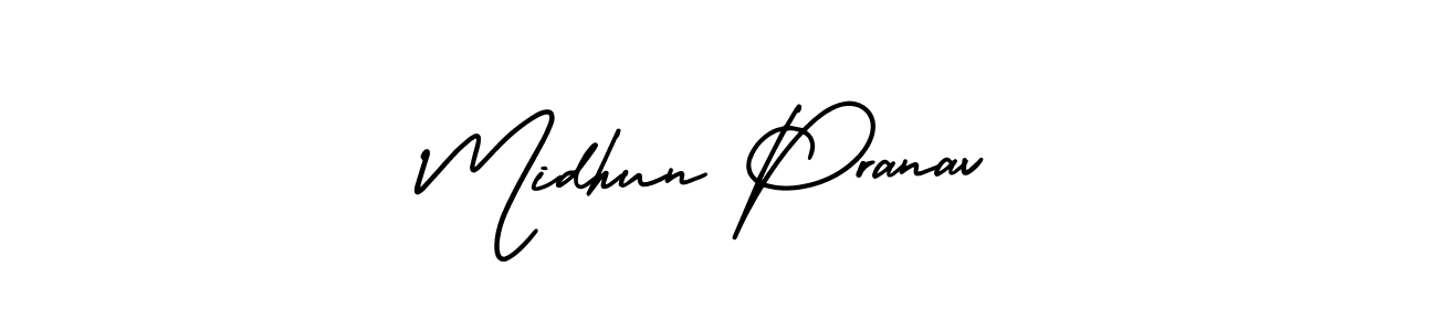 The best way (AmerikaSignatureDemo-Regular) to make a short signature is to pick only two or three words in your name. The name Midhun Pranav include a total of six letters. For converting this name. Midhun Pranav signature style 3 images and pictures png