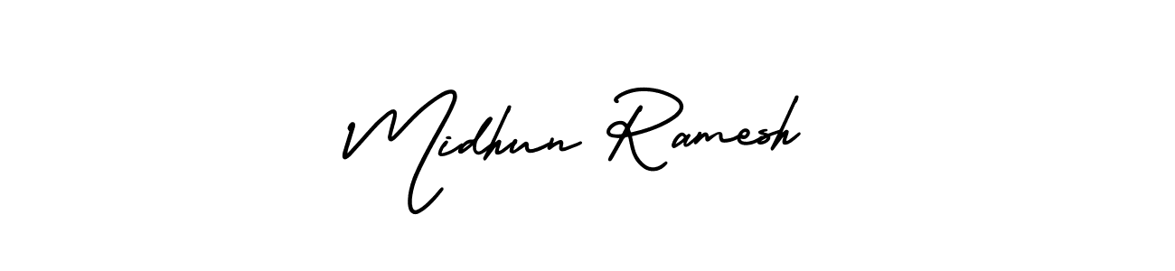 The best way (AmerikaSignatureDemo-Regular) to make a short signature is to pick only two or three words in your name. The name Midhun Ramesh include a total of six letters. For converting this name. Midhun Ramesh signature style 3 images and pictures png