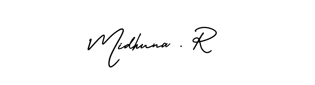 You should practise on your own different ways (AmerikaSignatureDemo-Regular) to write your name (Midhuna . R) in signature. don't let someone else do it for you. Midhuna . R signature style 3 images and pictures png