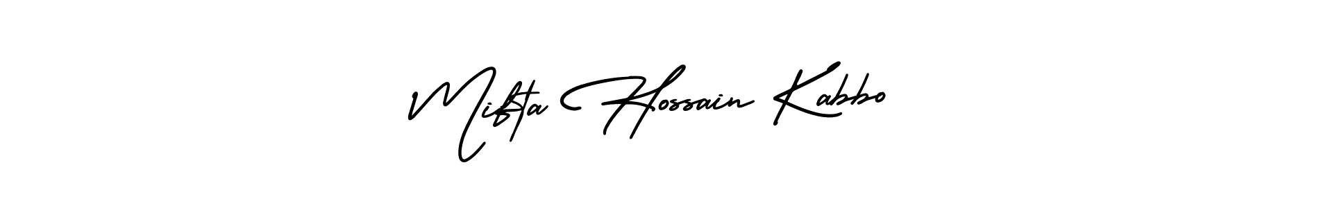 You should practise on your own different ways (AmerikaSignatureDemo-Regular) to write your name (Mifta Hossain Kabbo) in signature. don't let someone else do it for you. Mifta Hossain Kabbo signature style 3 images and pictures png