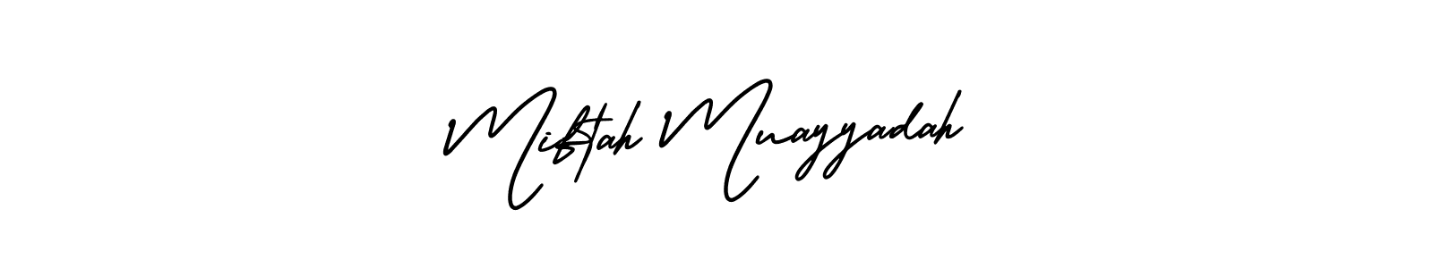 This is the best signature style for the Miftah Muayyadah name. Also you like these signature font (AmerikaSignatureDemo-Regular). Mix name signature. Miftah Muayyadah signature style 3 images and pictures png