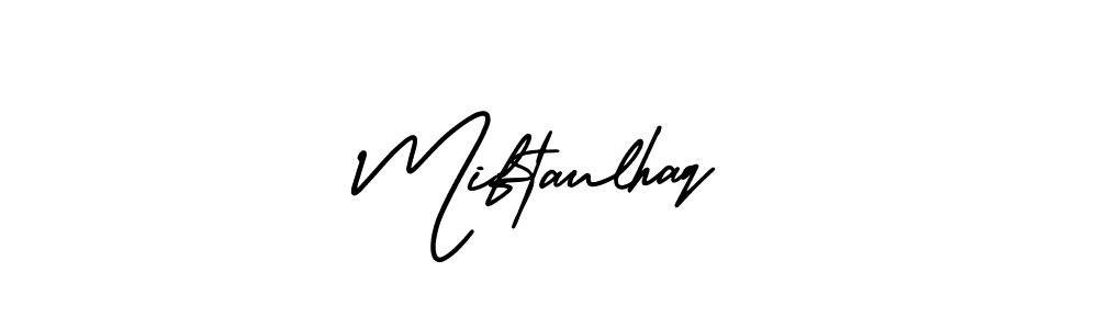 The best way (AmerikaSignatureDemo-Regular) to make a short signature is to pick only two or three words in your name. The name Miftaulhaq include a total of six letters. For converting this name. Miftaulhaq signature style 3 images and pictures png