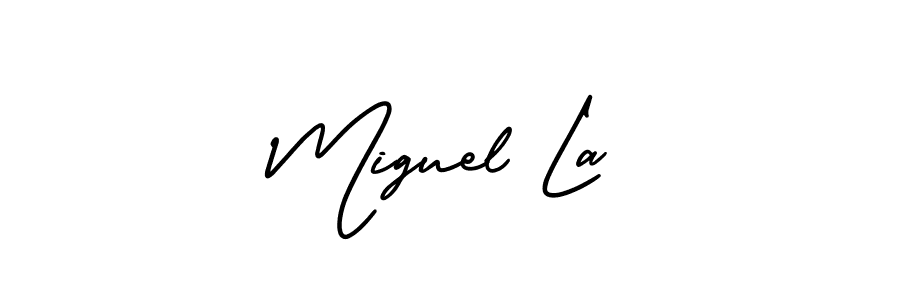 You should practise on your own different ways (AmerikaSignatureDemo-Regular) to write your name (Miguel La) in signature. don't let someone else do it for you. Miguel La signature style 3 images and pictures png