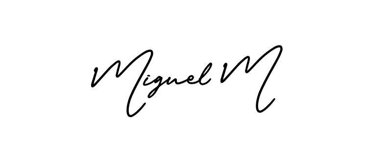 You should practise on your own different ways (AmerikaSignatureDemo-Regular) to write your name (Miguel M) in signature. don't let someone else do it for you. Miguel M signature style 3 images and pictures png