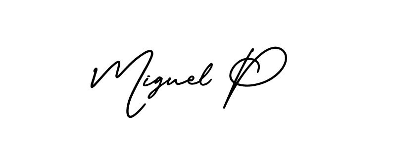 The best way (AmerikaSignatureDemo-Regular) to make a short signature is to pick only two or three words in your name. The name Miguel P include a total of six letters. For converting this name. Miguel P signature style 3 images and pictures png