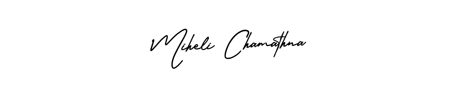 This is the best signature style for the Miheli Chamathna name. Also you like these signature font (AmerikaSignatureDemo-Regular). Mix name signature. Miheli Chamathna signature style 3 images and pictures png