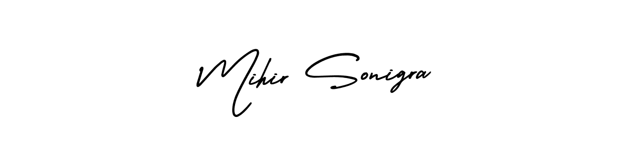 You should practise on your own different ways (AmerikaSignatureDemo-Regular) to write your name (Mihir Sonigra) in signature. don't let someone else do it for you. Mihir Sonigra signature style 3 images and pictures png