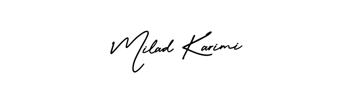 You should practise on your own different ways (AmerikaSignatureDemo-Regular) to write your name (Milad Karimi) in signature. don't let someone else do it for you. Milad Karimi signature style 3 images and pictures png