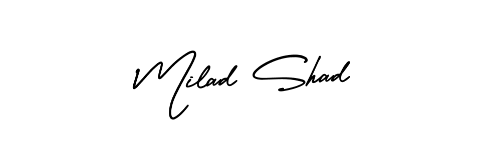 You should practise on your own different ways (AmerikaSignatureDemo-Regular) to write your name (Milad Shad) in signature. don't let someone else do it for you. Milad Shad signature style 3 images and pictures png