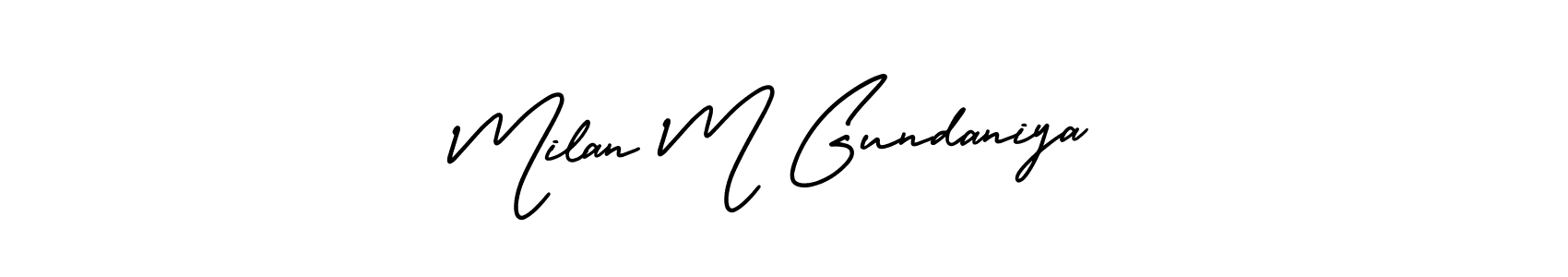 This is the best signature style for the Milan M Gundaniya name. Also you like these signature font (AmerikaSignatureDemo-Regular). Mix name signature. Milan M Gundaniya signature style 3 images and pictures png