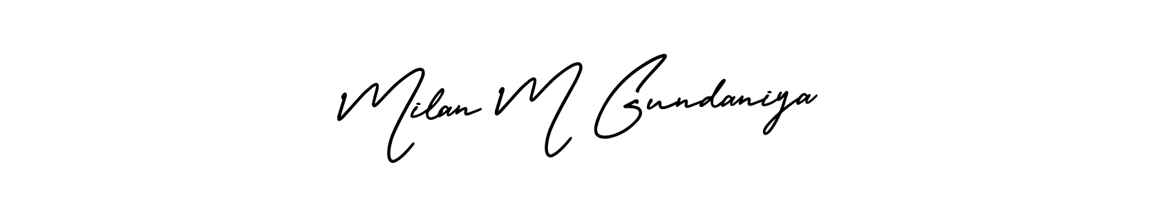 This is the best signature style for the Milan M Gundaniya name. Also you like these signature font (AmerikaSignatureDemo-Regular). Mix name signature. Milan M Gundaniya signature style 3 images and pictures png