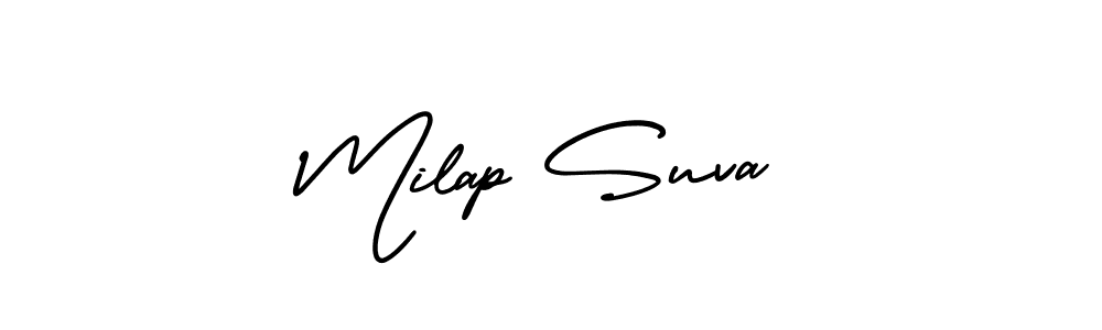 You should practise on your own different ways (AmerikaSignatureDemo-Regular) to write your name (Milap Suva) in signature. don't let someone else do it for you. Milap Suva signature style 3 images and pictures png