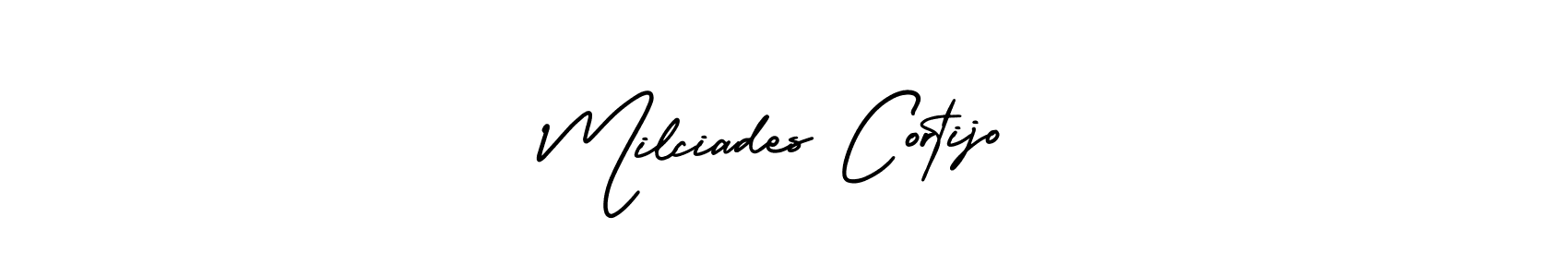 You should practise on your own different ways (AmerikaSignatureDemo-Regular) to write your name (Milciades Cortijo) in signature. don't let someone else do it for you. Milciades Cortijo signature style 3 images and pictures png
