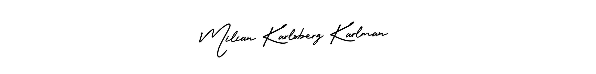 The best way (AmerikaSignatureDemo-Regular) to make a short signature is to pick only two or three words in your name. The name Milian Karlsberg Karlman include a total of six letters. For converting this name. Milian Karlsberg Karlman signature style 3 images and pictures png
