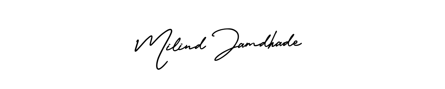You should practise on your own different ways (AmerikaSignatureDemo-Regular) to write your name (Milind Jamdhade) in signature. don't let someone else do it for you. Milind Jamdhade signature style 3 images and pictures png