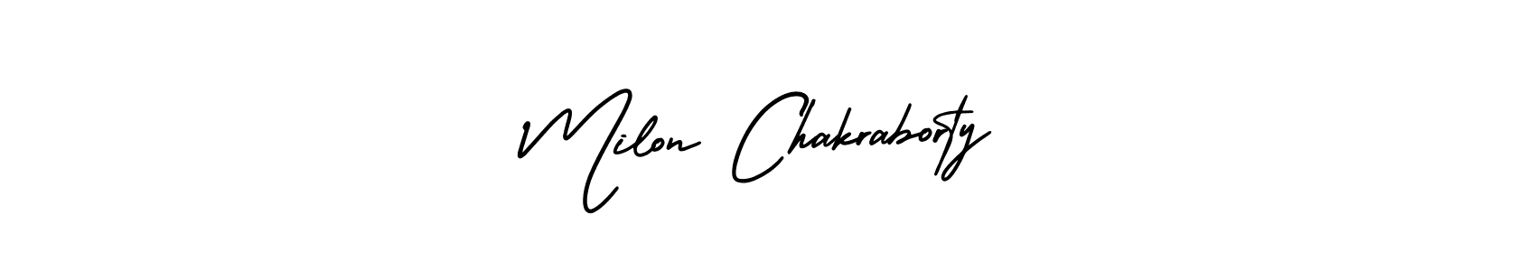 You should practise on your own different ways (AmerikaSignatureDemo-Regular) to write your name (Milon Chakraborty) in signature. don't let someone else do it for you. Milon Chakraborty signature style 3 images and pictures png