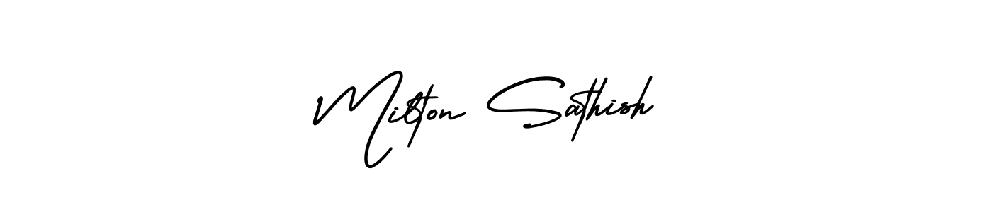 You should practise on your own different ways (AmerikaSignatureDemo-Regular) to write your name (Milton Sathish) in signature. don't let someone else do it for you. Milton Sathish signature style 3 images and pictures png