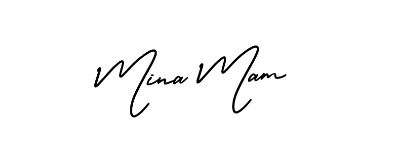 You should practise on your own different ways (AmerikaSignatureDemo-Regular) to write your name (Mina Mam) in signature. don't let someone else do it for you. Mina Mam signature style 3 images and pictures png