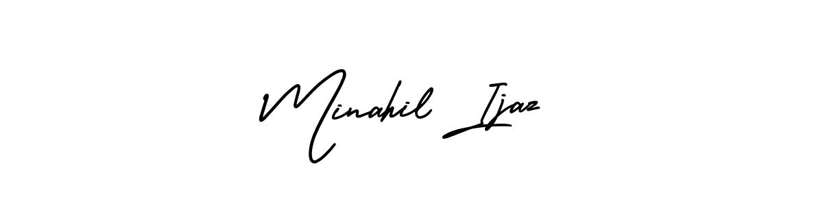 You should practise on your own different ways (AmerikaSignatureDemo-Regular) to write your name (Minahil Ijaz) in signature. don't let someone else do it for you. Minahil Ijaz signature style 3 images and pictures png