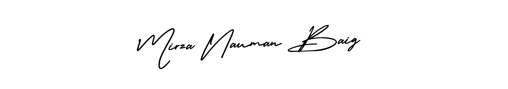 You should practise on your own different ways (AmerikaSignatureDemo-Regular) to write your name (Mirza Nauman Baig) in signature. don't let someone else do it for you. Mirza Nauman Baig signature style 3 images and pictures png