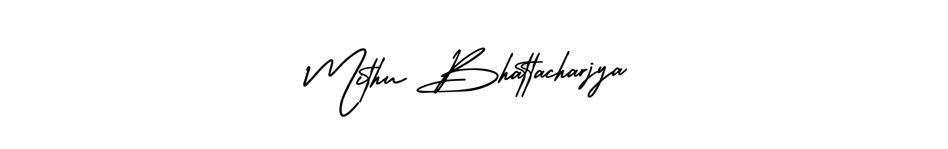 The best way (AmerikaSignatureDemo-Regular) to make a short signature is to pick only two or three words in your name. The name Mithu Bhattacharjya include a total of six letters. For converting this name. Mithu Bhattacharjya signature style 3 images and pictures png