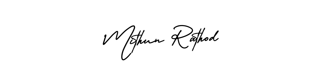 You should practise on your own different ways (AmerikaSignatureDemo-Regular) to write your name (Mithun Rathod) in signature. don't let someone else do it for you. Mithun Rathod signature style 3 images and pictures png