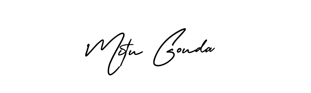 You should practise on your own different ways (AmerikaSignatureDemo-Regular) to write your name (Mitu Gouda) in signature. don't let someone else do it for you. Mitu Gouda signature style 3 images and pictures png