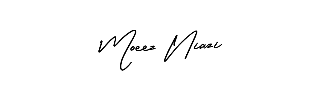 You should practise on your own different ways (AmerikaSignatureDemo-Regular) to write your name (Moeez Niazi) in signature. don't let someone else do it for you. Moeez Niazi signature style 3 images and pictures png