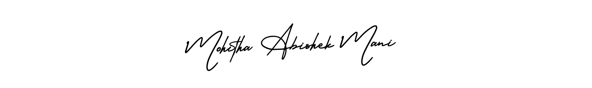 This is the best signature style for the Mohitha Abishek Mani name. Also you like these signature font (AmerikaSignatureDemo-Regular). Mix name signature. Mohitha Abishek Mani signature style 3 images and pictures png