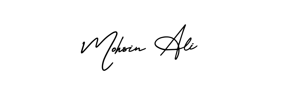You should practise on your own different ways (AmerikaSignatureDemo-Regular) to write your name (Mohsin Ali) in signature. don't let someone else do it for you. Mohsin Ali signature style 3 images and pictures png