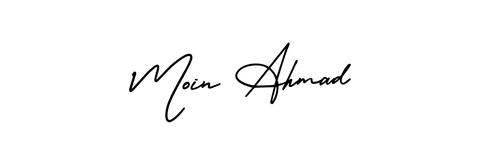 You should practise on your own different ways (AmerikaSignatureDemo-Regular) to write your name (Moin Ahmad) in signature. don't let someone else do it for you. Moin Ahmad signature style 3 images and pictures png