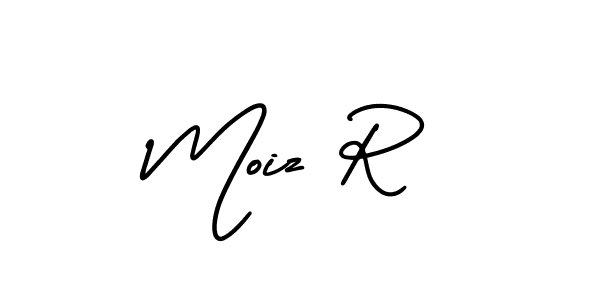 You should practise on your own different ways (AmerikaSignatureDemo-Regular) to write your name (Moiz R) in signature. don't let someone else do it for you. Moiz R signature style 3 images and pictures png