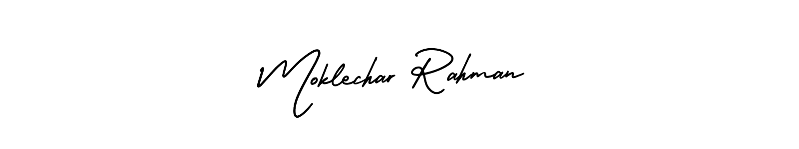 The best way (AmerikaSignatureDemo-Regular) to make a short signature is to pick only two or three words in your name. The name Moklechar Rahman include a total of six letters. For converting this name. Moklechar Rahman signature style 3 images and pictures png