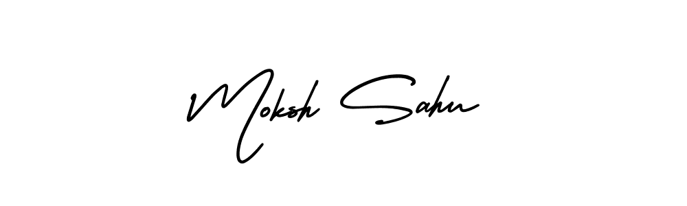 You should practise on your own different ways (AmerikaSignatureDemo-Regular) to write your name (Moksh Sahu) in signature. don't let someone else do it for you. Moksh Sahu signature style 3 images and pictures png