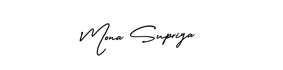 You should practise on your own different ways (AmerikaSignatureDemo-Regular) to write your name (Mona Supriya) in signature. don't let someone else do it for you. Mona Supriya signature style 3 images and pictures png