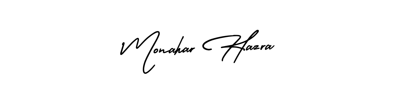 The best way (AmerikaSignatureDemo-Regular) to make a short signature is to pick only two or three words in your name. The name Monahar Hazra include a total of six letters. For converting this name. Monahar Hazra signature style 3 images and pictures png