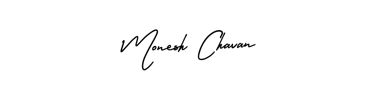 You should practise on your own different ways (AmerikaSignatureDemo-Regular) to write your name (Monesh Chavan) in signature. don't let someone else do it for you. Monesh Chavan signature style 3 images and pictures png