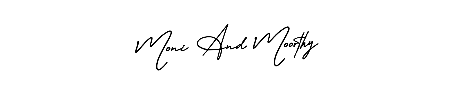 You should practise on your own different ways (AmerikaSignatureDemo-Regular) to write your name (Moni And Moorthy) in signature. don't let someone else do it for you. Moni And Moorthy signature style 3 images and pictures png