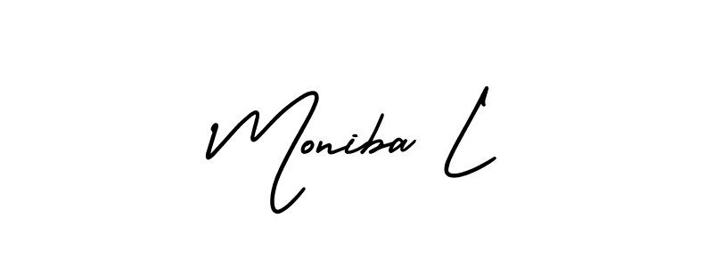 You should practise on your own different ways (AmerikaSignatureDemo-Regular) to write your name (Moniba L) in signature. don't let someone else do it for you. Moniba L signature style 3 images and pictures png