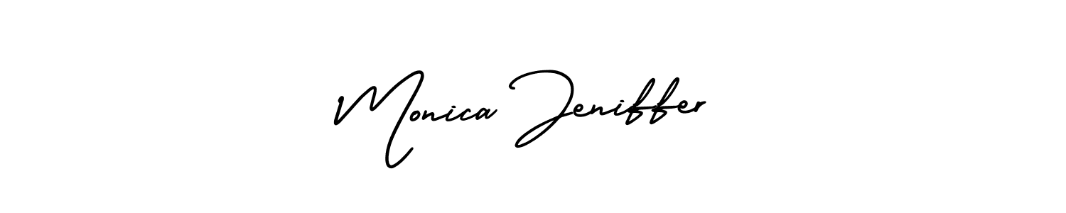 The best way (AmerikaSignatureDemo-Regular) to make a short signature is to pick only two or three words in your name. The name Monica Jeniffer include a total of six letters. For converting this name. Monica Jeniffer signature style 3 images and pictures png