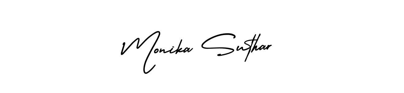 You should practise on your own different ways (AmerikaSignatureDemo-Regular) to write your name (Monika Suthar) in signature. don't let someone else do it for you. Monika Suthar signature style 3 images and pictures png