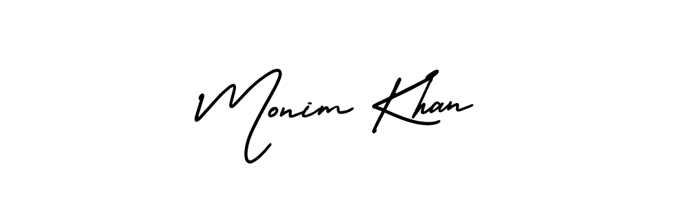 The best way (AmerikaSignatureDemo-Regular) to make a short signature is to pick only two or three words in your name. The name Monim Khan include a total of six letters. For converting this name. Monim Khan signature style 3 images and pictures png
