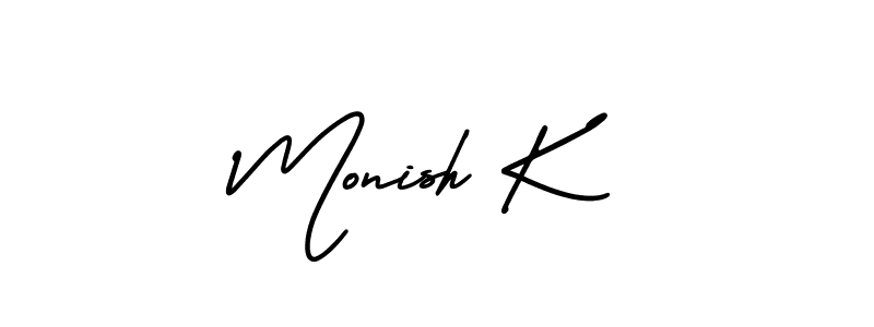 The best way (AmerikaSignatureDemo-Regular) to make a short signature is to pick only two or three words in your name. The name Monish K include a total of six letters. For converting this name. Monish K signature style 3 images and pictures png