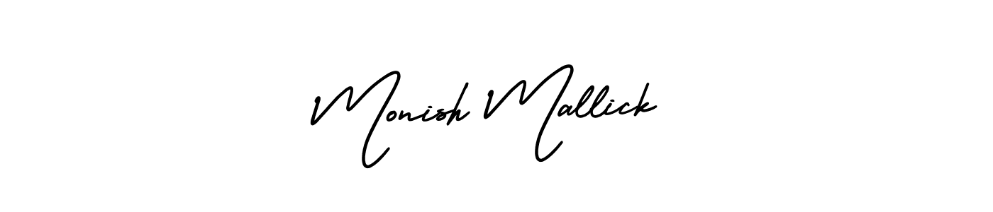 You should practise on your own different ways (AmerikaSignatureDemo-Regular) to write your name (Monish Mallick) in signature. don't let someone else do it for you. Monish Mallick signature style 3 images and pictures png