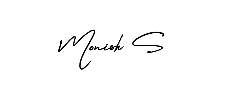 The best way (AmerikaSignatureDemo-Regular) to make a short signature is to pick only two or three words in your name. The name Monish S include a total of six letters. For converting this name. Monish S signature style 3 images and pictures png