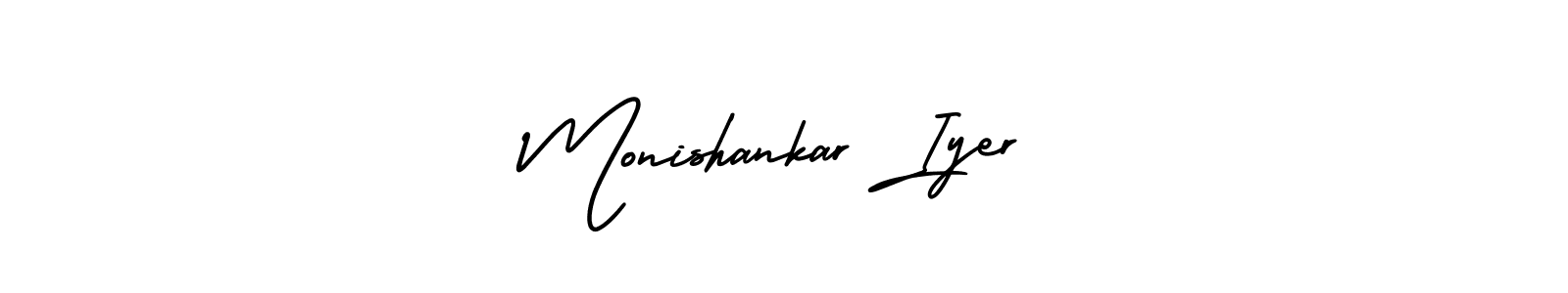 This is the best signature style for the Monishankar Iyer name. Also you like these signature font (AmerikaSignatureDemo-Regular). Mix name signature. Monishankar Iyer signature style 3 images and pictures png