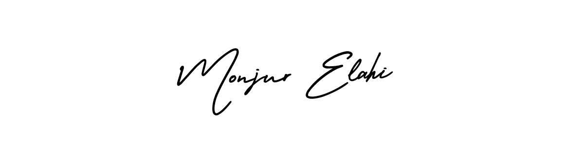 You should practise on your own different ways (AmerikaSignatureDemo-Regular) to write your name (Monjur Elahi) in signature. don't let someone else do it for you. Monjur Elahi signature style 3 images and pictures png