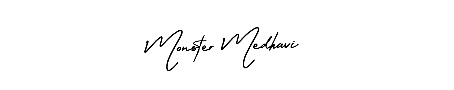 Make a beautiful signature design for name Monster Medhavi. With this signature (AmerikaSignatureDemo-Regular) style, you can create a handwritten signature for free. Monster Medhavi signature style 3 images and pictures png