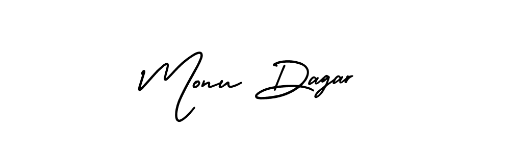 You should practise on your own different ways (AmerikaSignatureDemo-Regular) to write your name (Monu Dagar) in signature. don't let someone else do it for you. Monu Dagar signature style 3 images and pictures png